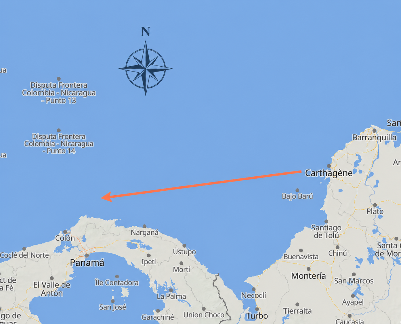 Map showing a general sailing direction from Cartagena, Colombia, towards Panama
